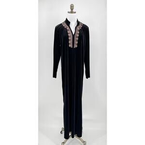 I.Magnin Black Velvet Bronze Embroidery Elegant Full Zip Lounge Robe Sz M